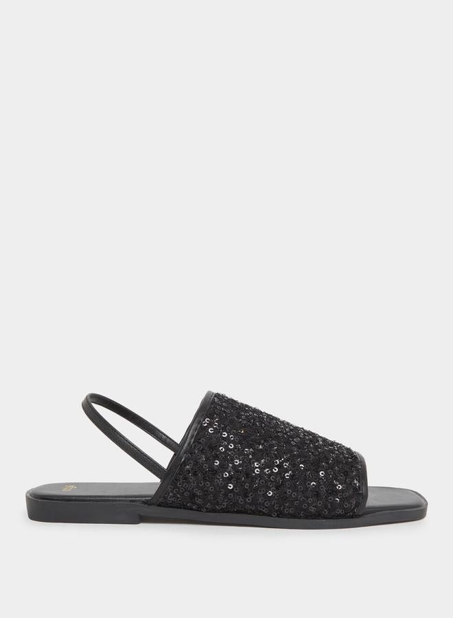 Styli Black Sequin Flat Sandals - Image 1